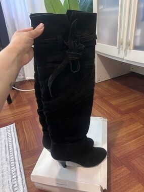 Aldo Black Suede Knee-High Heeled Boots with Back Tie